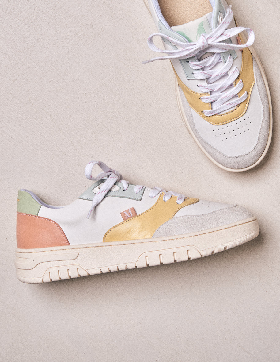 Baskets basses Albertine - Cuir et suède blanc citron ciel
