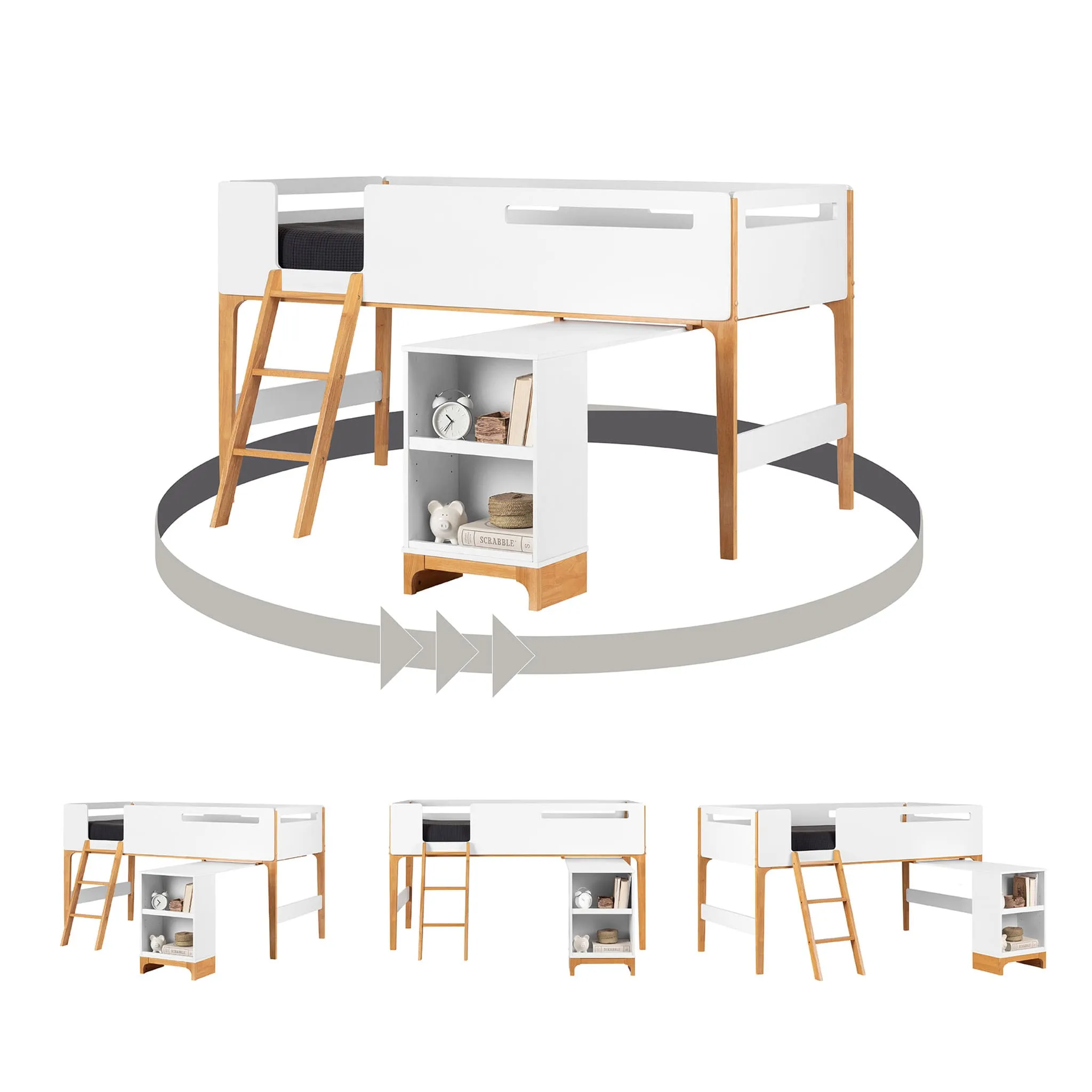 South Shore Lit Simple Mezzanine avec bureau - Bebble Blanc et Naturel