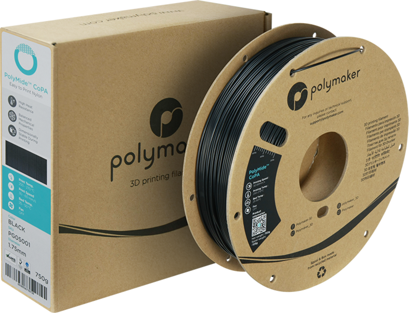 Polymaker  Nylon CoPA 6/6-6 Black, 1,75 mm (750 g)    Hitzebeständiges Nylon in Schwarz