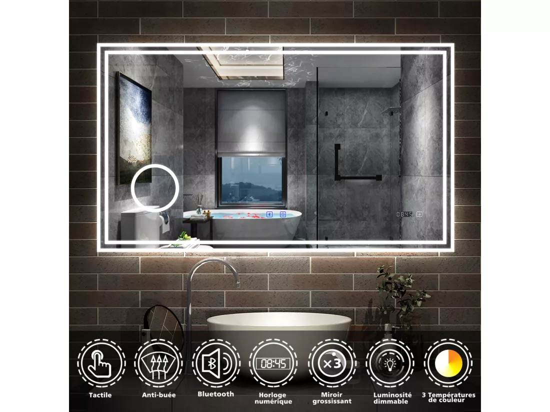 Miroir Salle de Bain LED 140x80cm avec Bluetooth, Horloge, 3 Couleurs, Grossissant 3x Aica