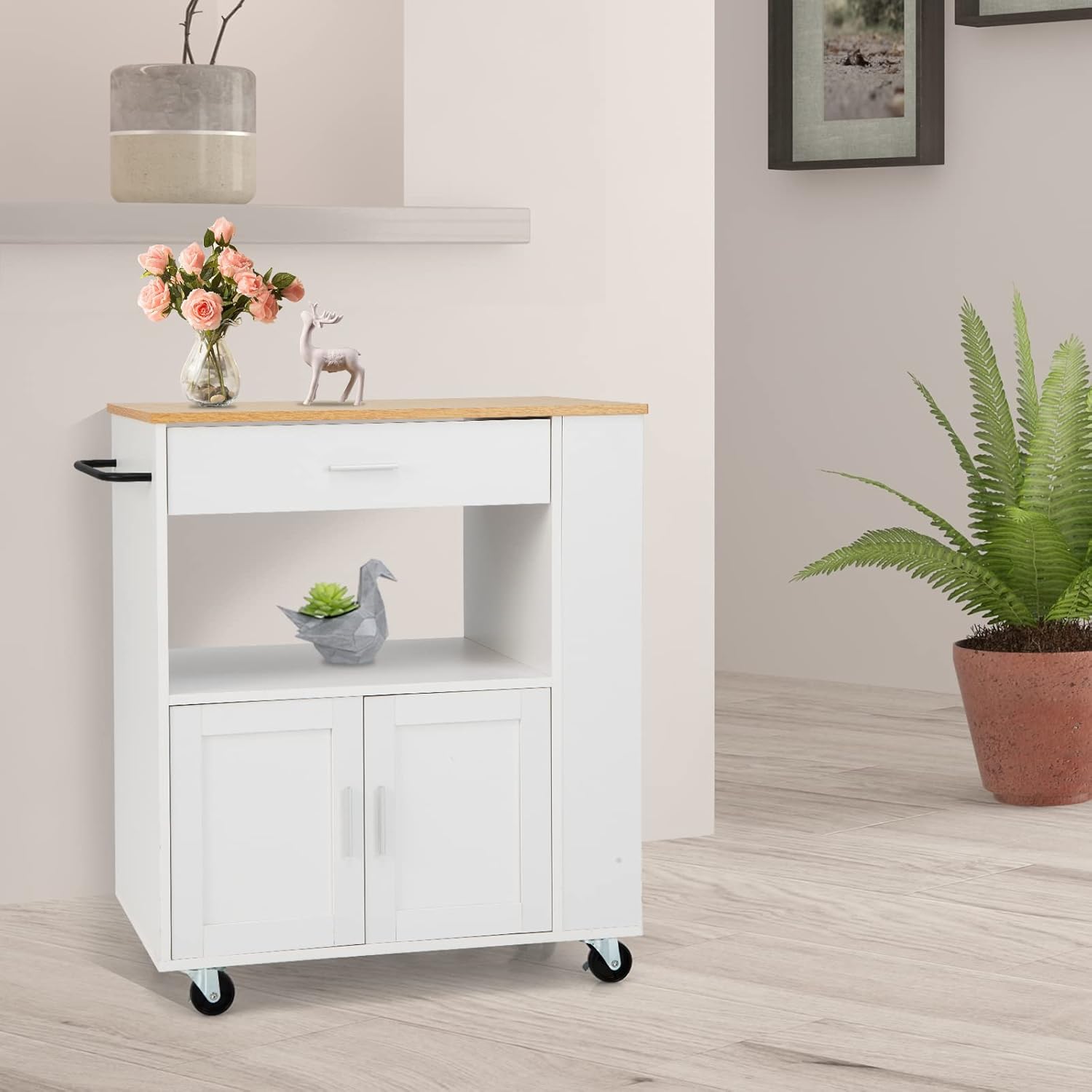 GIANTEX Desserte de Cuisine à roulettes, Chariot de Rangement avec Compartiment Ouvert pour Micro-Ondes, Tiroir, Placard avec 2 Portes, Porte-Épices à 3 Niveaux, Blanc IV5272882