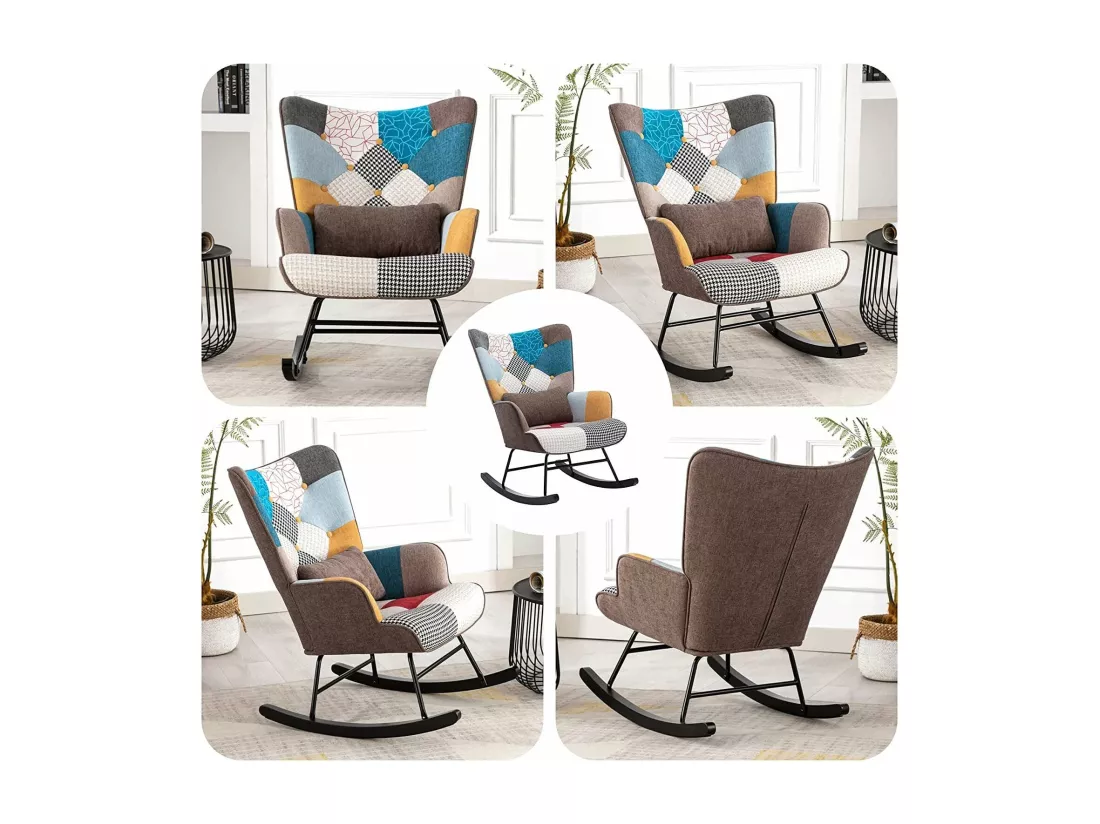Fauteuil à Bascule Patchwork Rocking Chair Berçante Allaitement Bébé avec Oreiller Style Scandinave Tissu en Lin Bois d'Hévéa