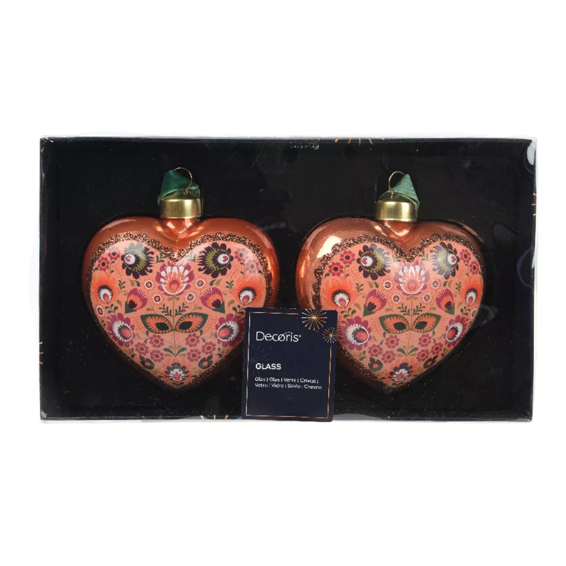 Lot de 2 cœurs en verre (H9 cm) Bolchoï Fleuri Vieux rose