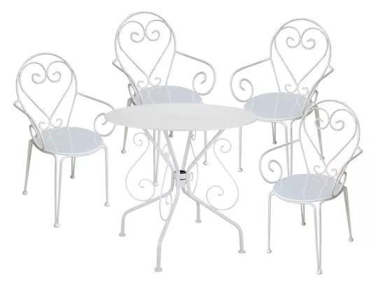 Salle à manger de jardin en métal façon fer forgé : une table et 4 fauteuils empilables blancs - GUERMANTES de MYLIA