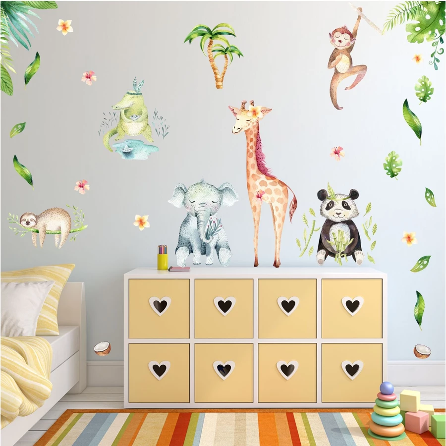 Nikima Wandtattoo 113 Wandtattoo Dschungeltiere Elefant Giraffe Panda Faultier Affe bunt