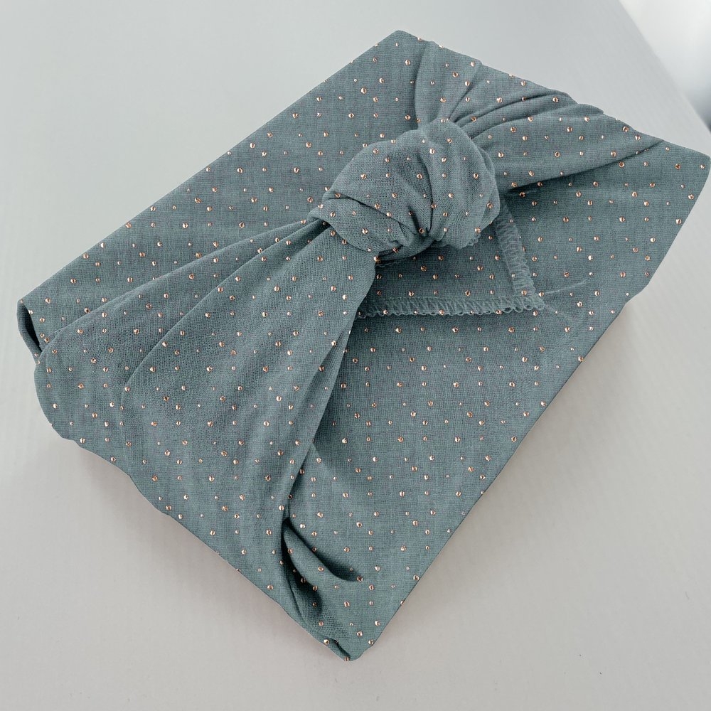 Furoshiki Moyen 48 X 48 Cm Gaze Pois Or Bleu Gris