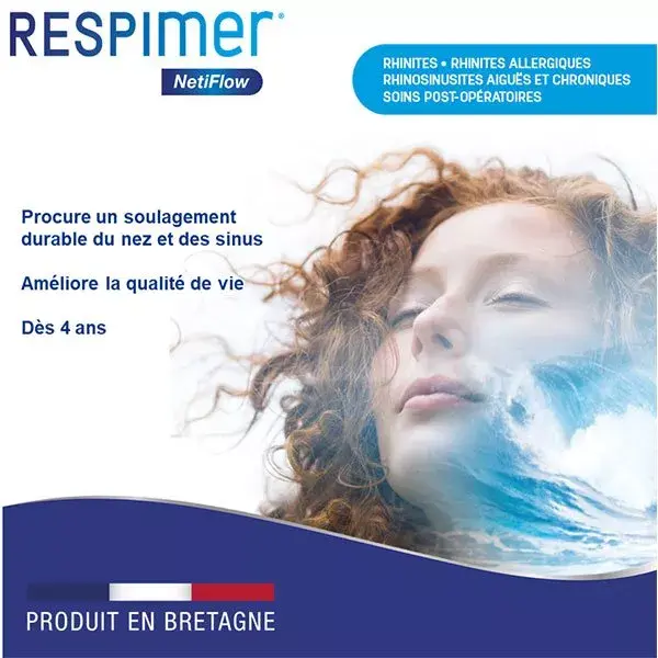 Kit de irrigação nasal Respimer Netiflow para crianças a partir de 4 anos + Pacote com 2 refis contendo 16 sachês cada.
