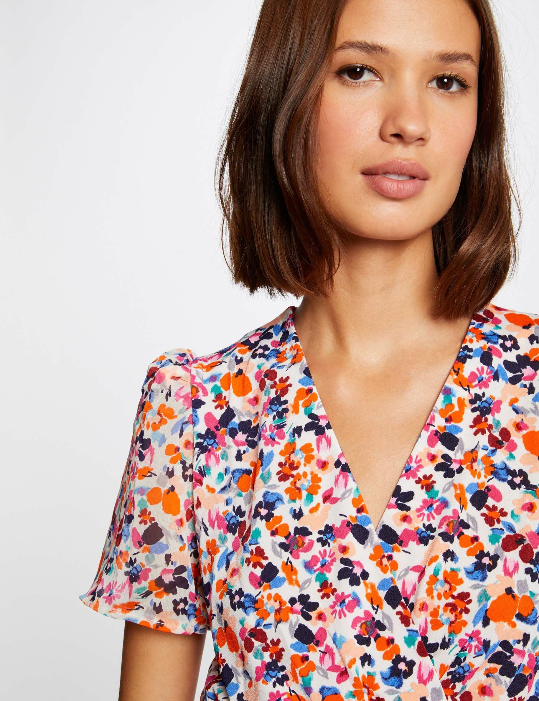 T-shirt manches courtes imprimé floral ecru femme - ecru