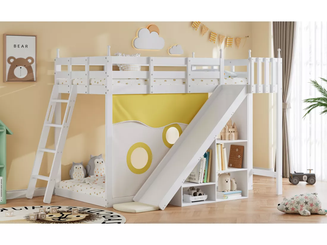 Lits superposés 2 x 90 x 200 cm avec étagères de rangement, toboggan & rideau de lit - pin + MDF - blanc (sans matelas)