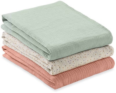 Hauck Cuddle N Clean Musselinteppe 3-Pakk, Sage/Beige/Dots/Cork
