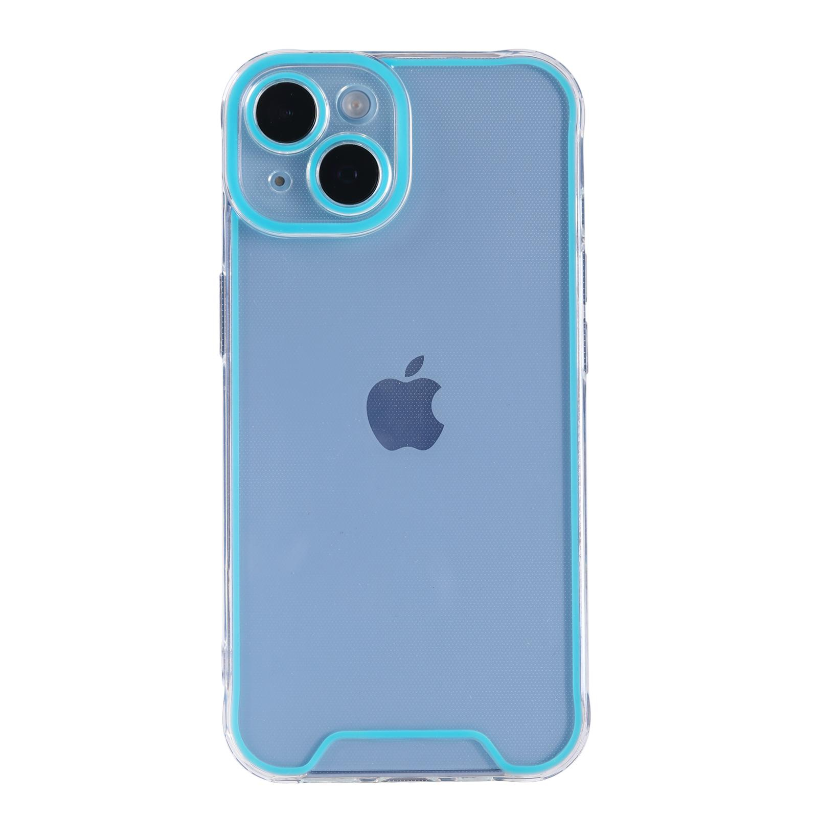 iPhone 14 Gummi Case Hülle mit Fluoreszierendem Rahmen - Blau / Transparent