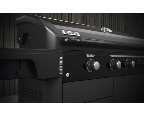 Tenneker® Halo TG-5 U Gasgrill 204,6 x 65,6 x 117 cm 5-pits + zijbrander en achterbrander, gietijzeren rooster, platformsysteem, glazen inzetstuk in het deksel