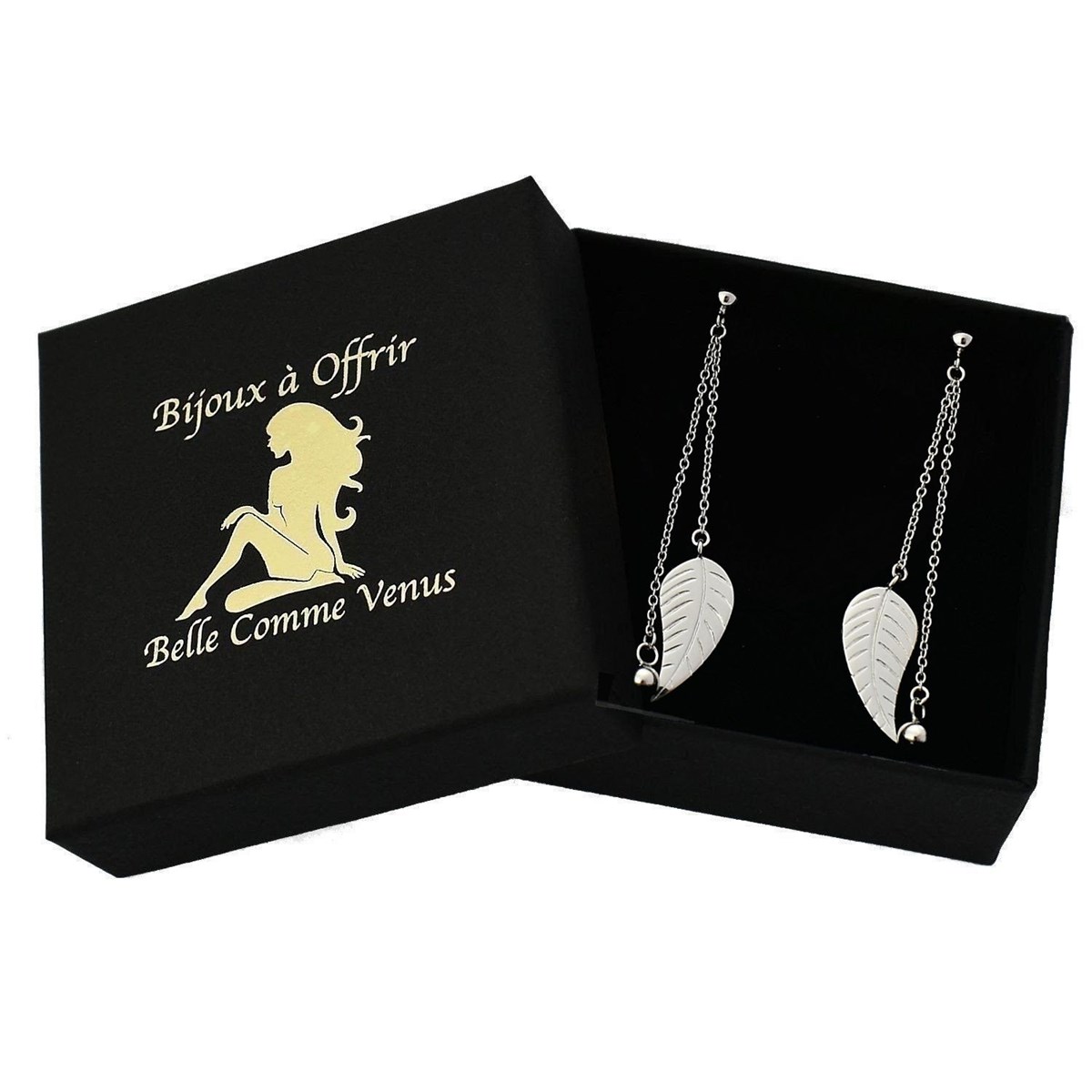 Boucles d'oreilles feuille et boule pendantes 2 chaines Argent 925 Rhodié
