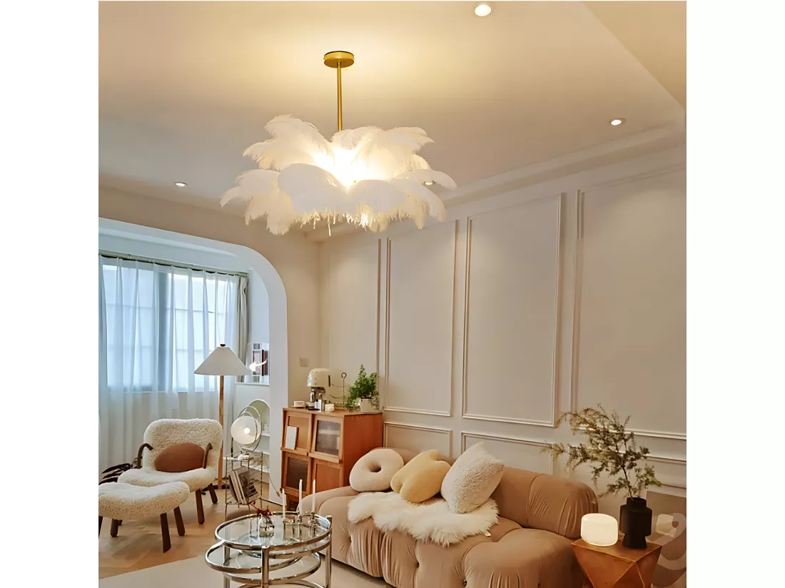 Lustre à plumes blanc luminaire moderne en laiton led pour chambre à coucher salon d90 cm