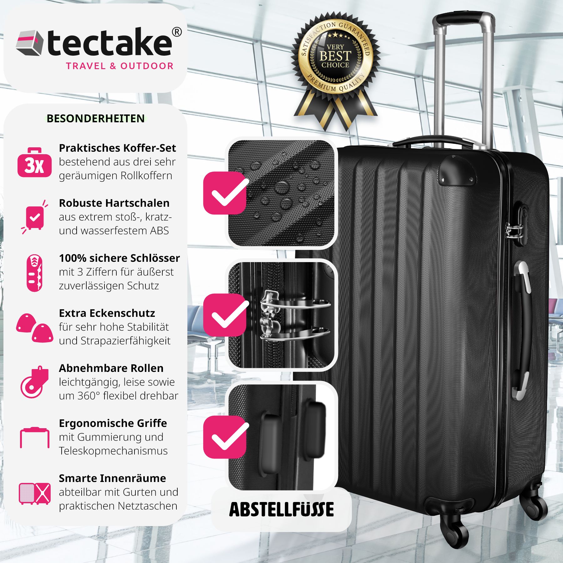 tectake® Hartschalenkoffer-Set, 3-teilig, aus robustem ABS-Kunststoff, 360° drehbare, abnehmbare Rollen, mit Sicherheits-Zahlenschloss