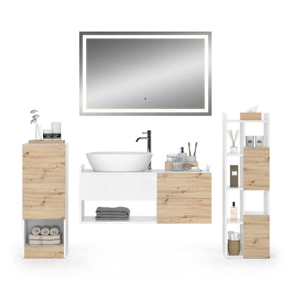 Vicco Badmöbel-Set Alf, Weiß Artisan Eiche, Badezimmer, moderne Badserie, Waschtischunterschrank, LED-Spiegel, Midischrank, Hochschrank