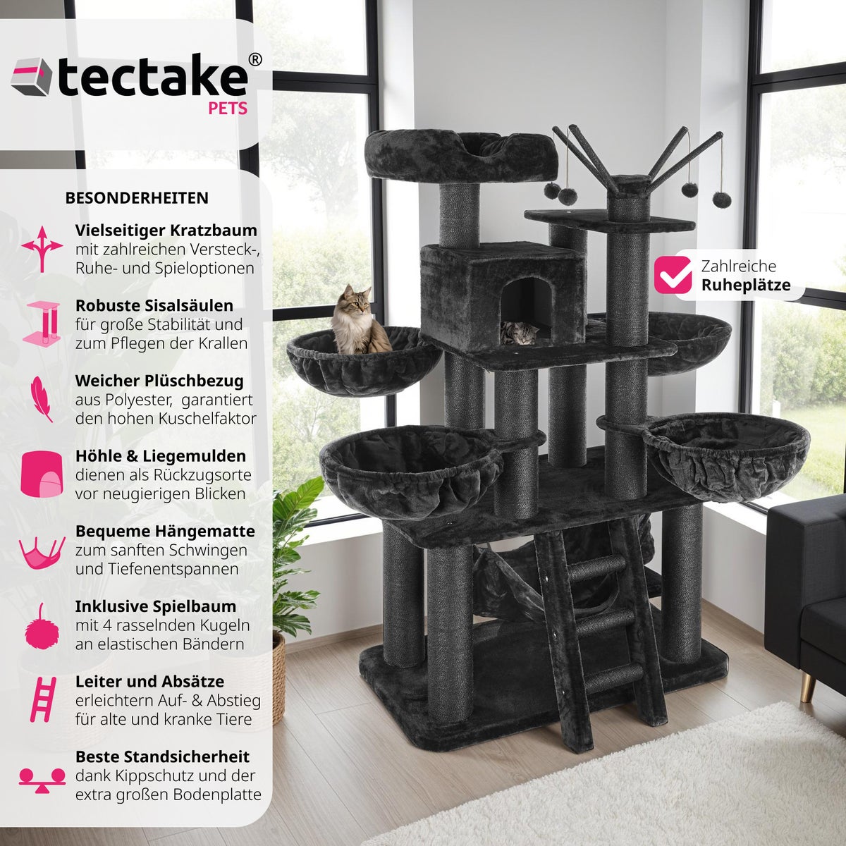 tectake Gismo 195 cm kattenboom inclusief trap, 4 speelballen en anti-kantelvoorziening