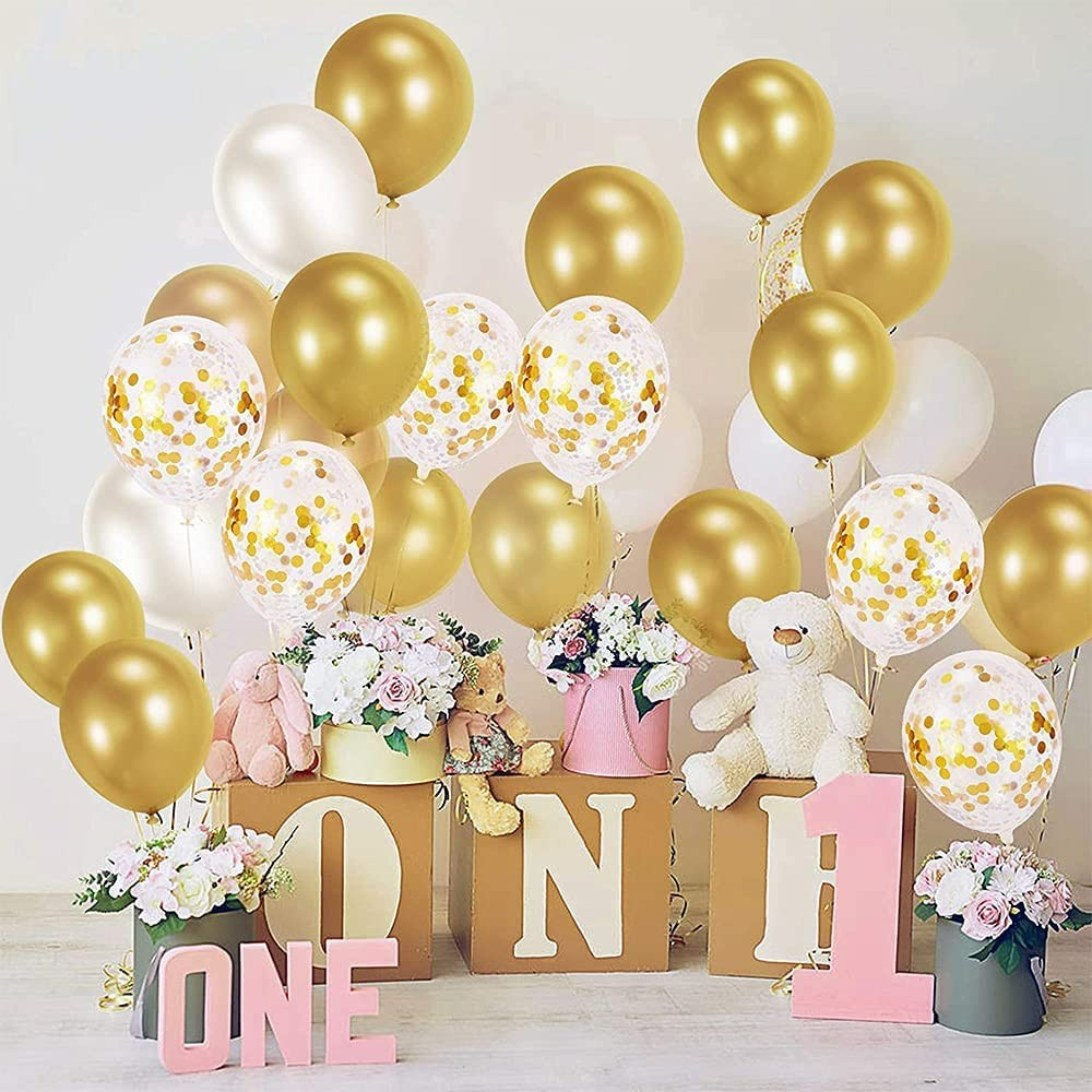 (70er Set) Party Deko Ballons Latex Luftballons mit Konfetti - Gold / Weiss