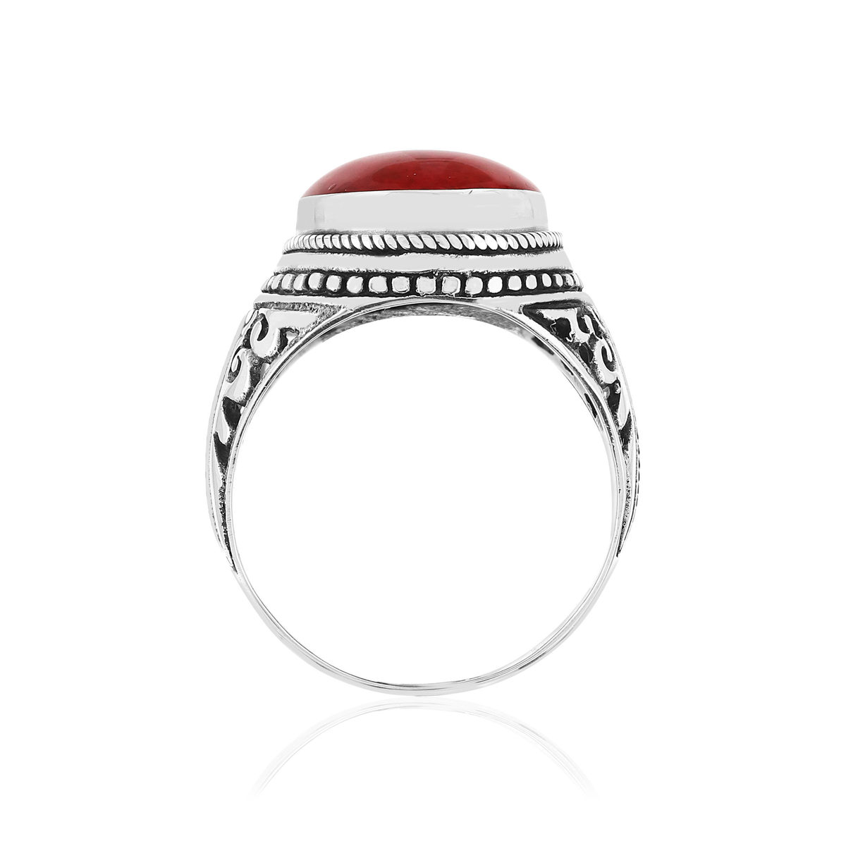 Bague argent 925 vieilli cabochon corail rouge