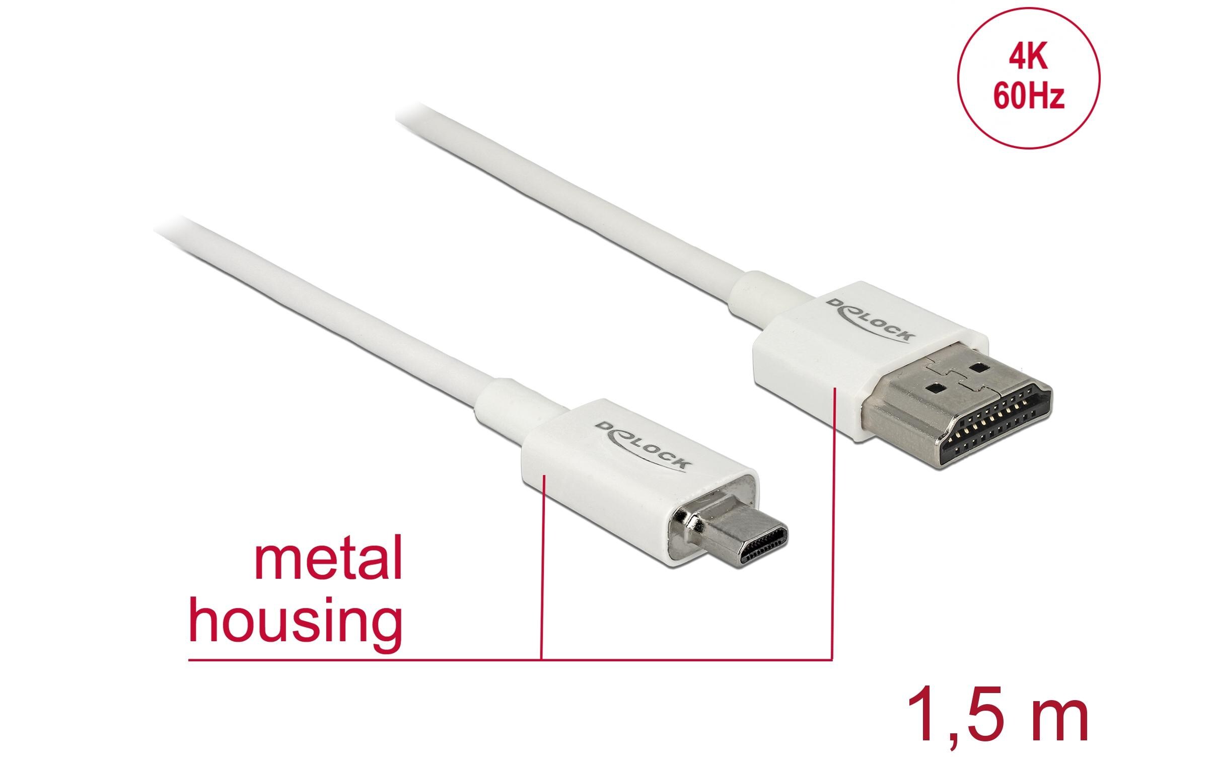 Kabel 4K 60Hz HDMI - Micro-HDMI (HDMI-D), 1.5 m, WeissDelock Kabel High Speed HDMI mit Ethernet – HDMI-A Stecker > HDMI Micro-D Stecker 3D 4K 1.5 m Slim High Quality