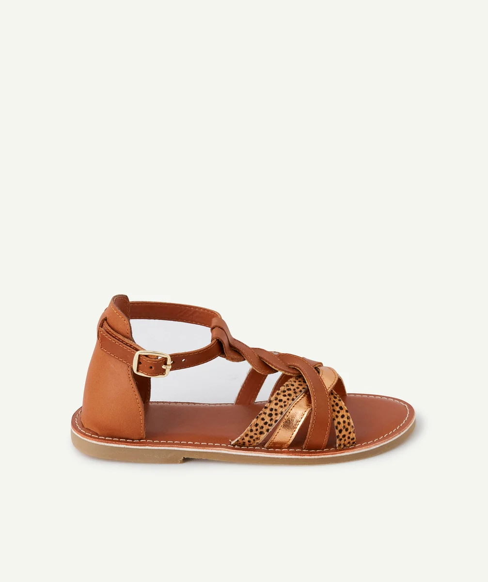 SANDALES FILLE EN CUIR MARRON ET LEOPARD