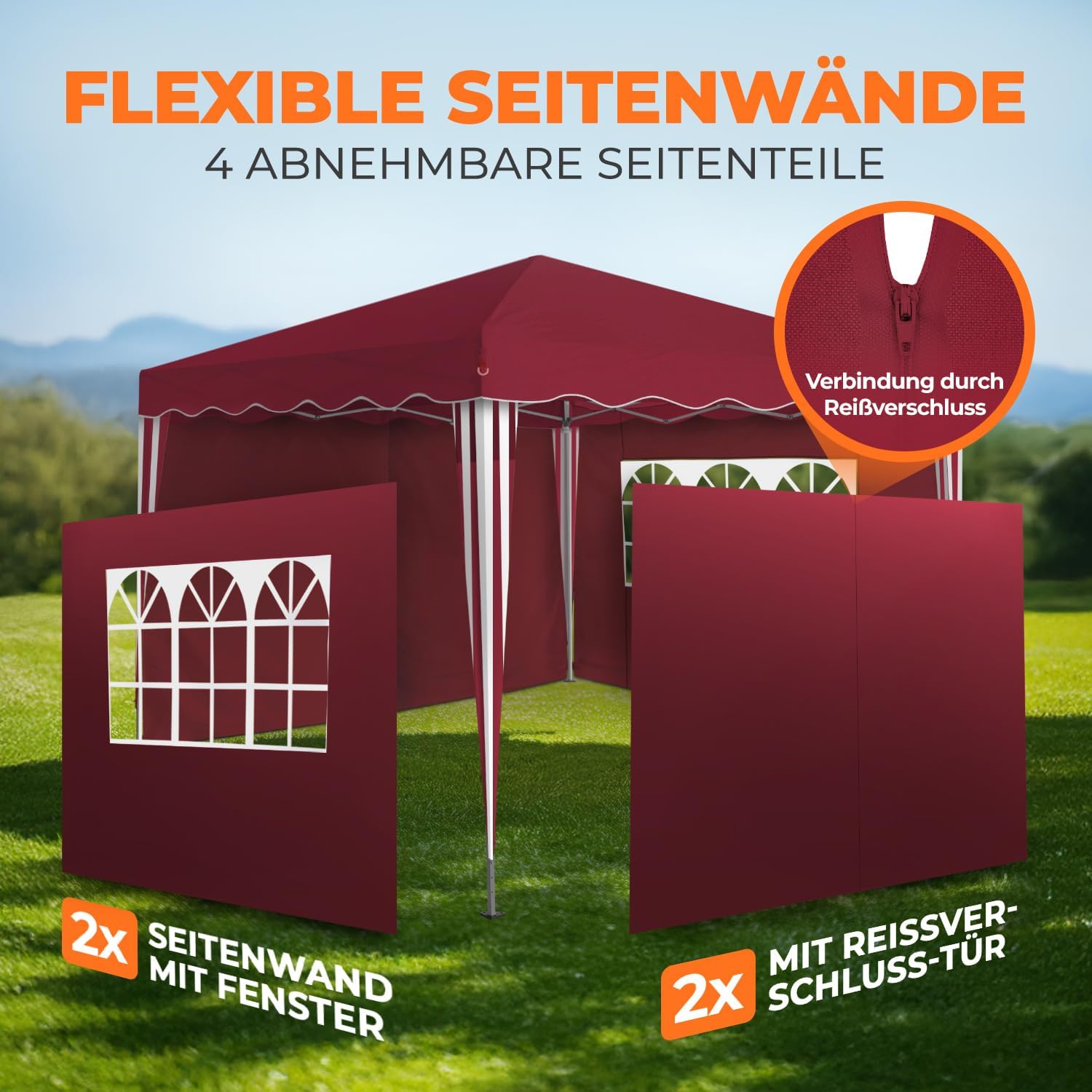 Kronenburg Faltpavillon wasserdicht Dachmaß 3 x 3 m UV Schutz 50+ Pavillon in Rot mit 4 Seitenteilen