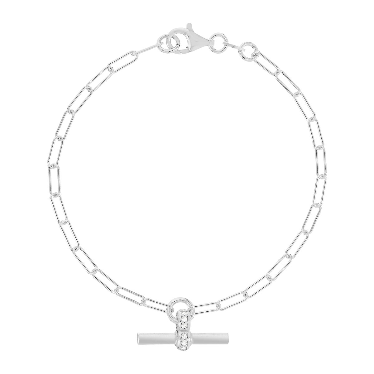 Bracelet argent 925 maille trombone motif T/bar zirconias. Longueur 19 cm.