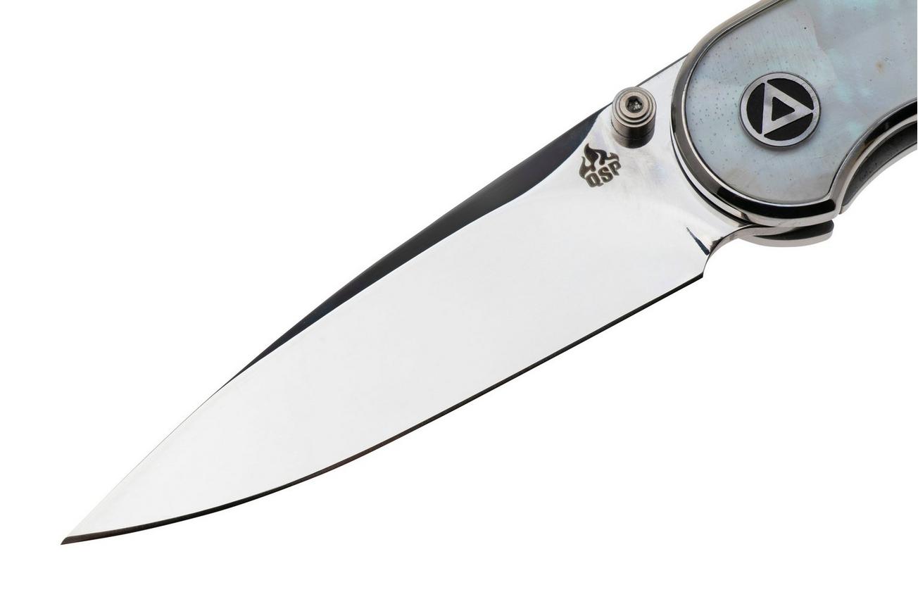 QSP Knife Dolphin 161-C Polished 14C28N, White Pearl Shell, zakmes