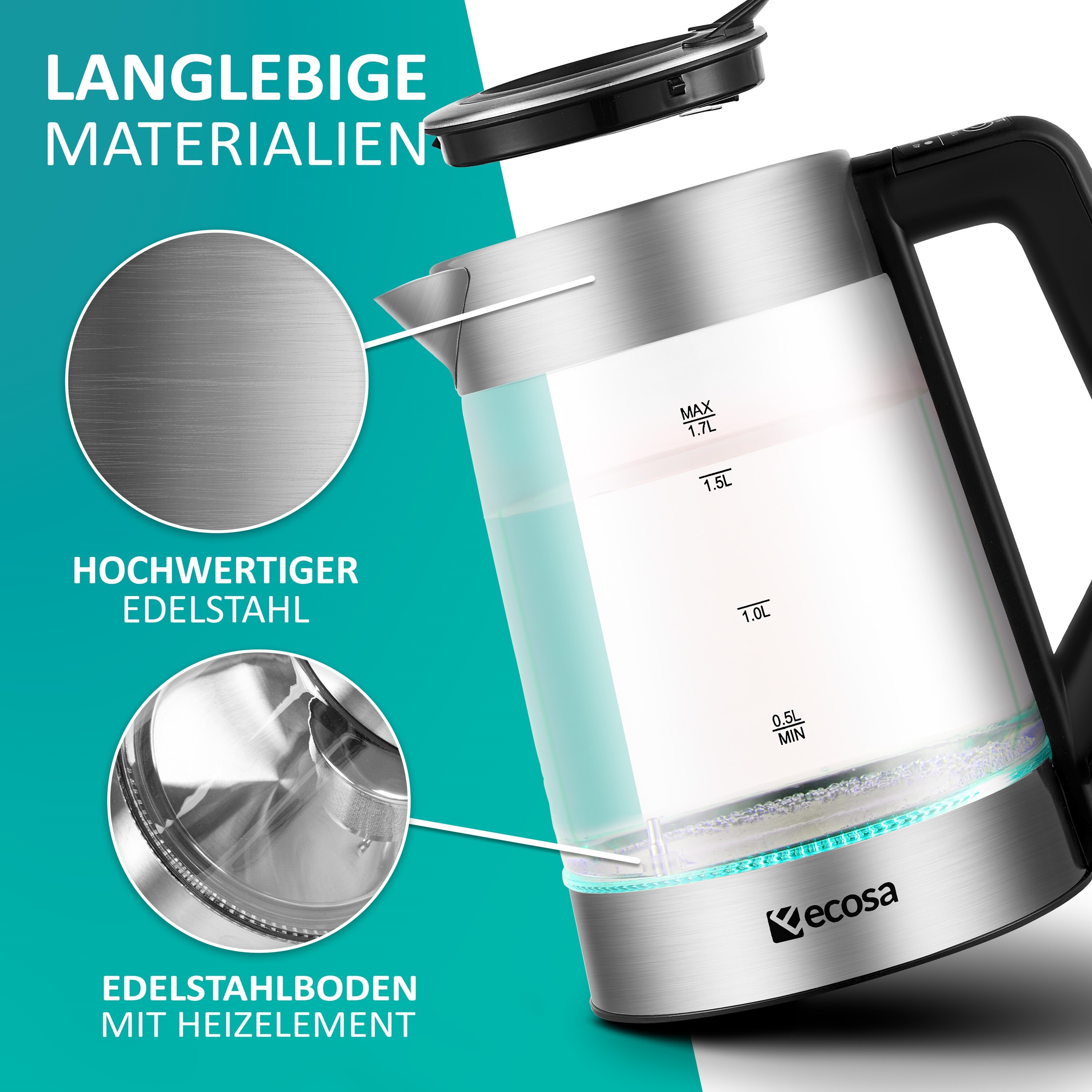 Ecosa Glas Wasserkocher Temperatureinstellung Easy Fill LED 1.7L