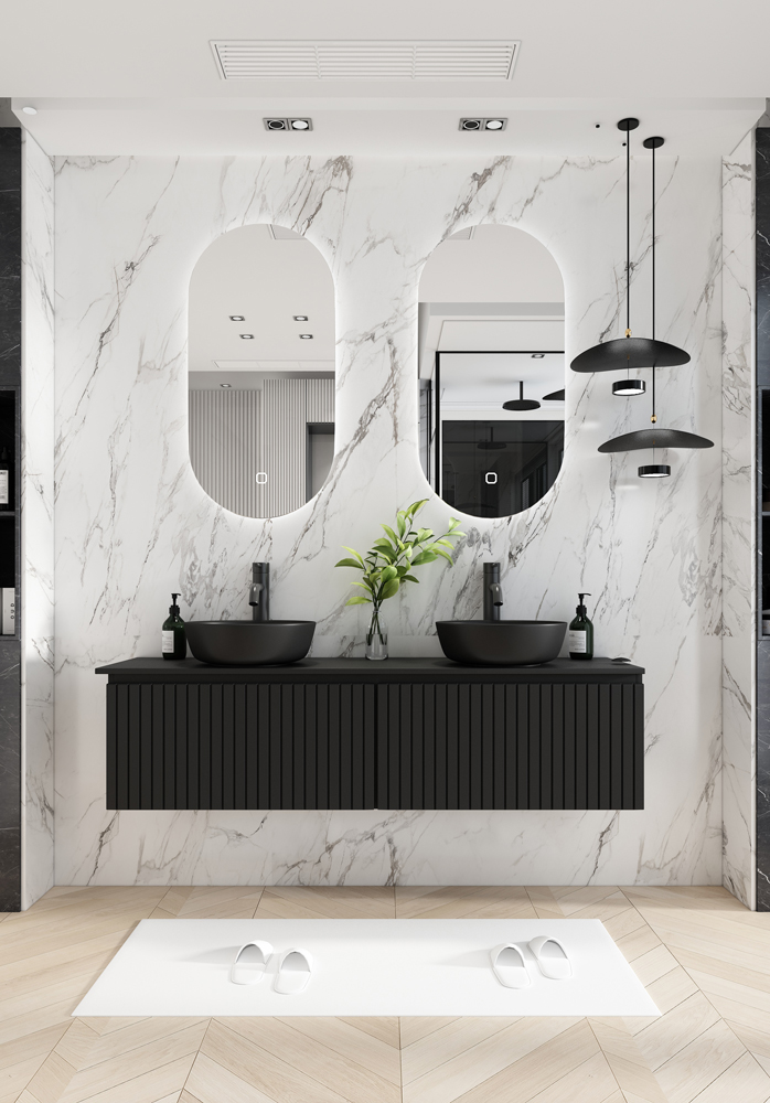 Fontana Stripe zwart badmeubel ribbelfront 160cm met zwarte waskommen en ovale LED spiegels