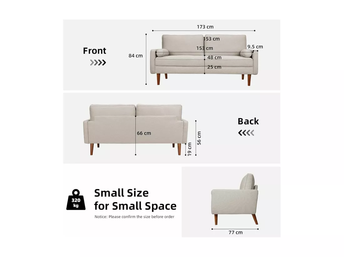 Canapé 3 places en tissu Lin beige - Scandinave - avec 2 Oreillers et Accoudoirs - Pieds bois massif - 173x77x84cm