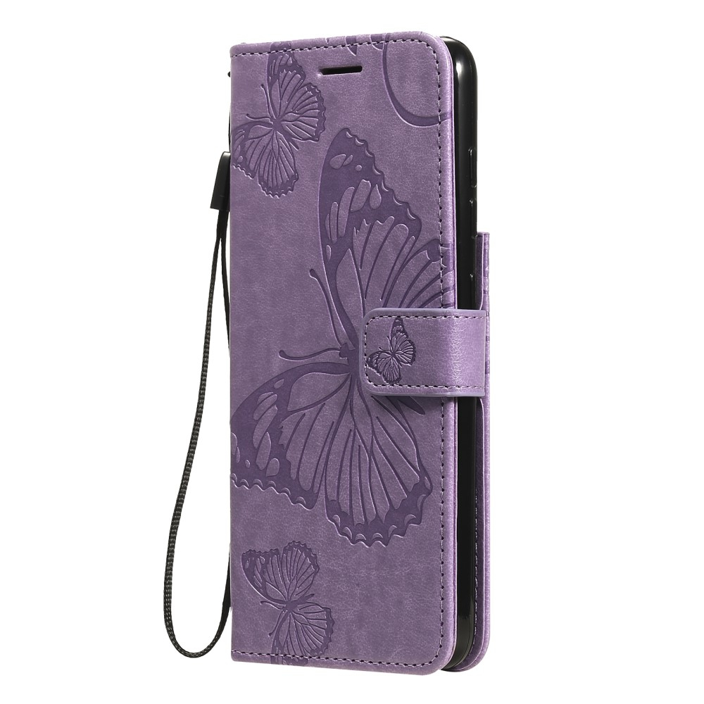 Samsung Galaxy S21 FE 5G Leder Tasche mit Kartenfach   Handschlaufe Schmetterling - Lila