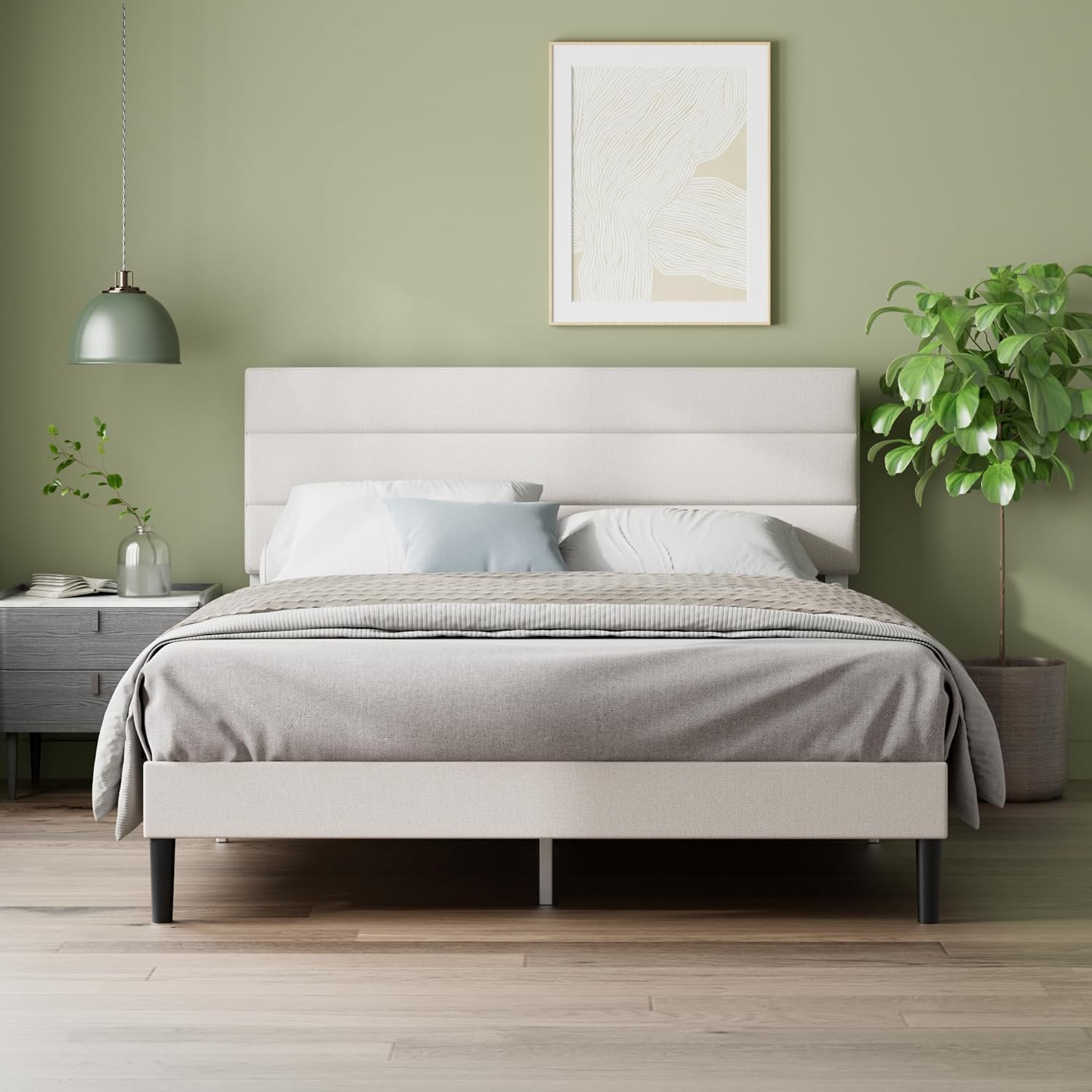 Zinus Piper Polsterbett 180x200 cm mit Kopfteil - 30 cm Hohes Bett 180x200 mit Lattenrost aus Holz - Kompakte Verpackung & Einfache Montage - Cremeweiß