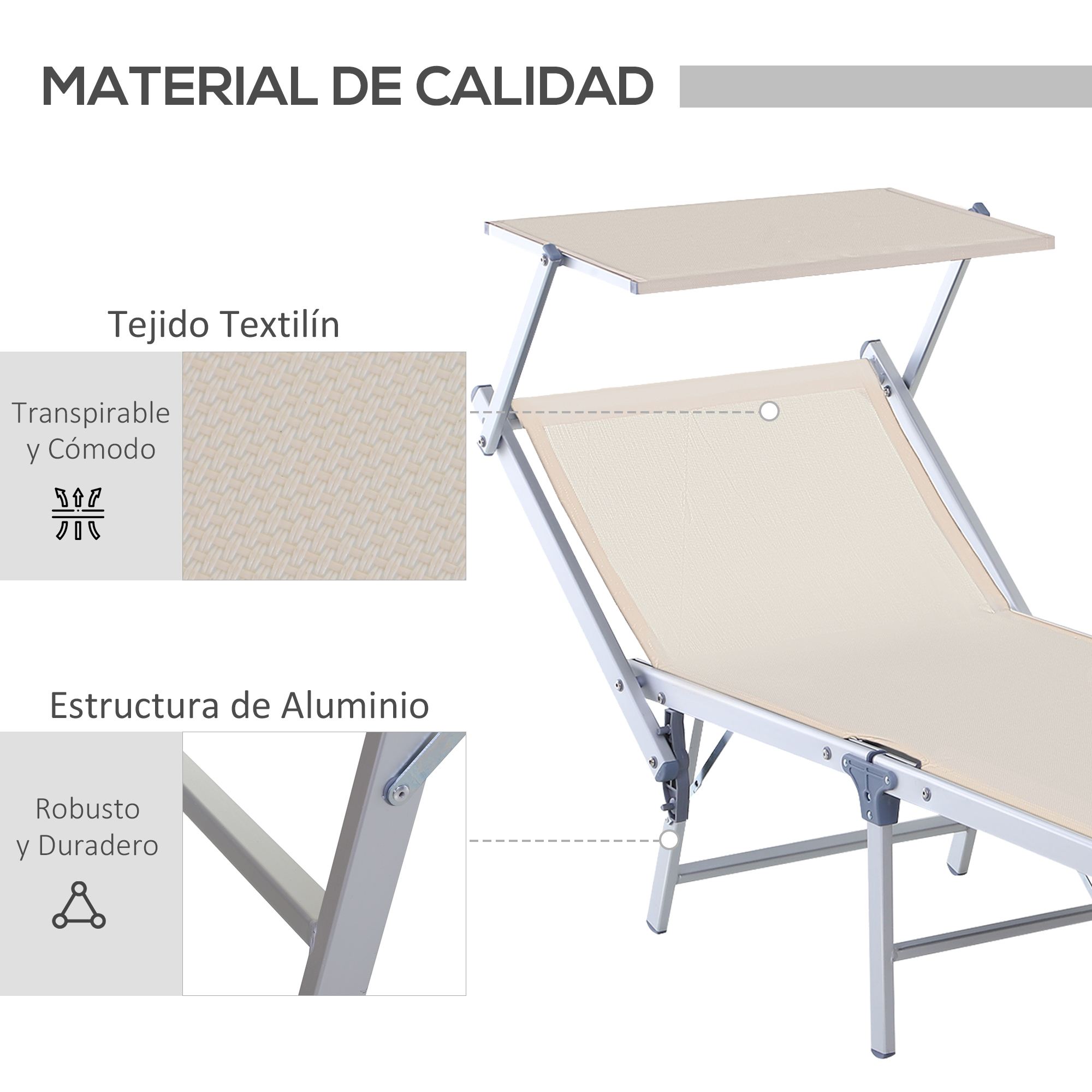 Espreguiçadeira dobrável e reclinável Outsunny em alumínio com cobertura integrada para piscina, jardim, terraço e uso externo, capacidade de carga de 120 kg, 169 x 72 x 50/70 cm, bege.