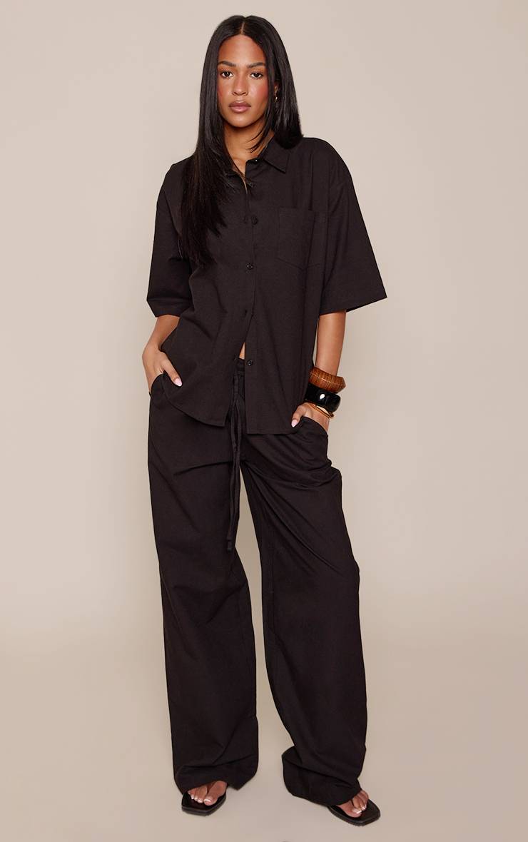 Noir Chemise Oversize Grande Taille Aspect Lin Co-ord