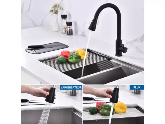 Mitigeur de Cuisine Noir avec Douchette Extractible Rotatif à 360 ° en Acier Inoxydable Robinet Cuisine d'Évier 2 Fonctions Mélangeur de Cuisine
