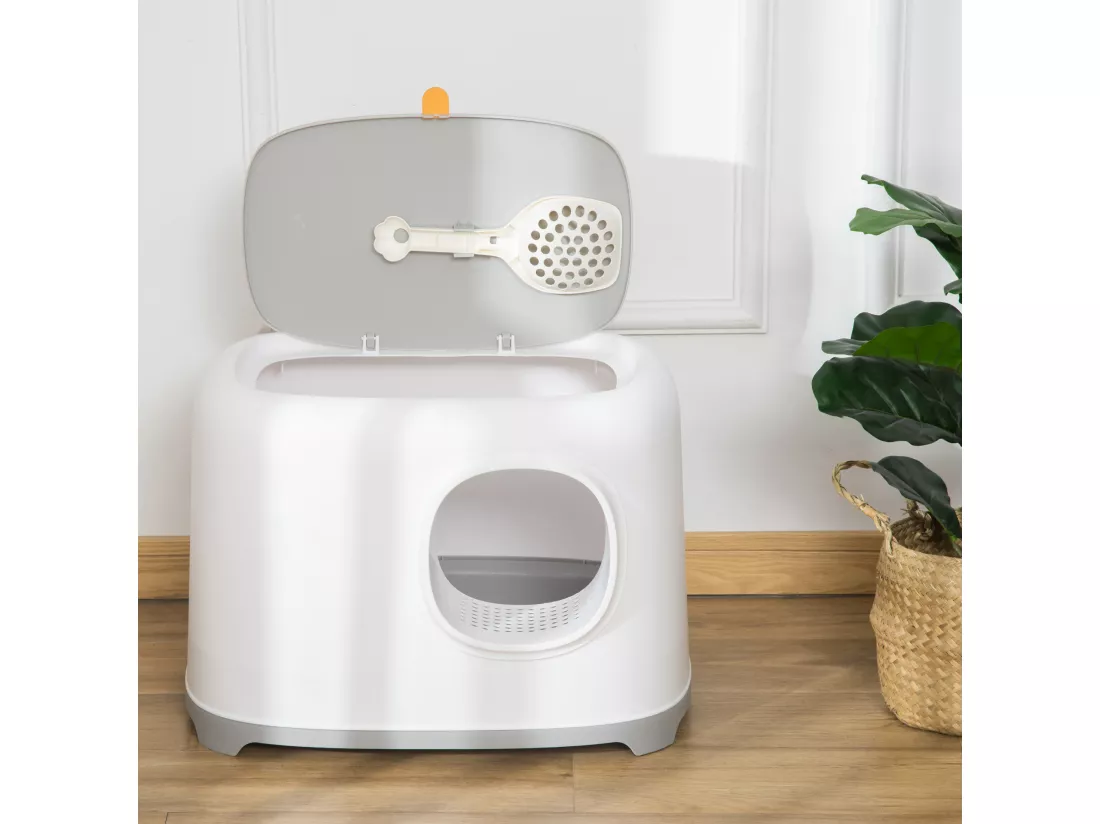 Maison de toilette litière pour chat - porte, couvercle ouvrant - pelle incluse - blanc gris clair