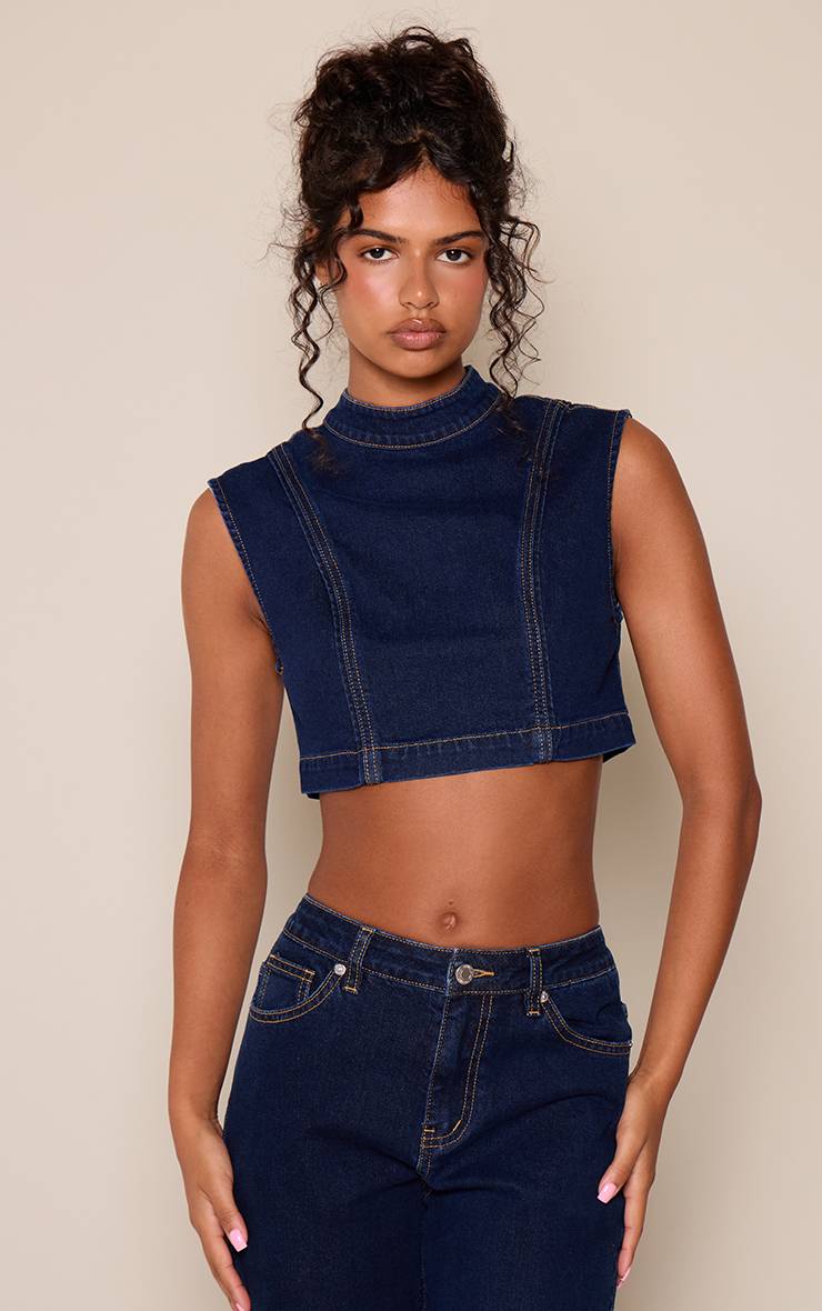Bleu Indigo Top Court En Denim Col Montant À Épaules Prolongées