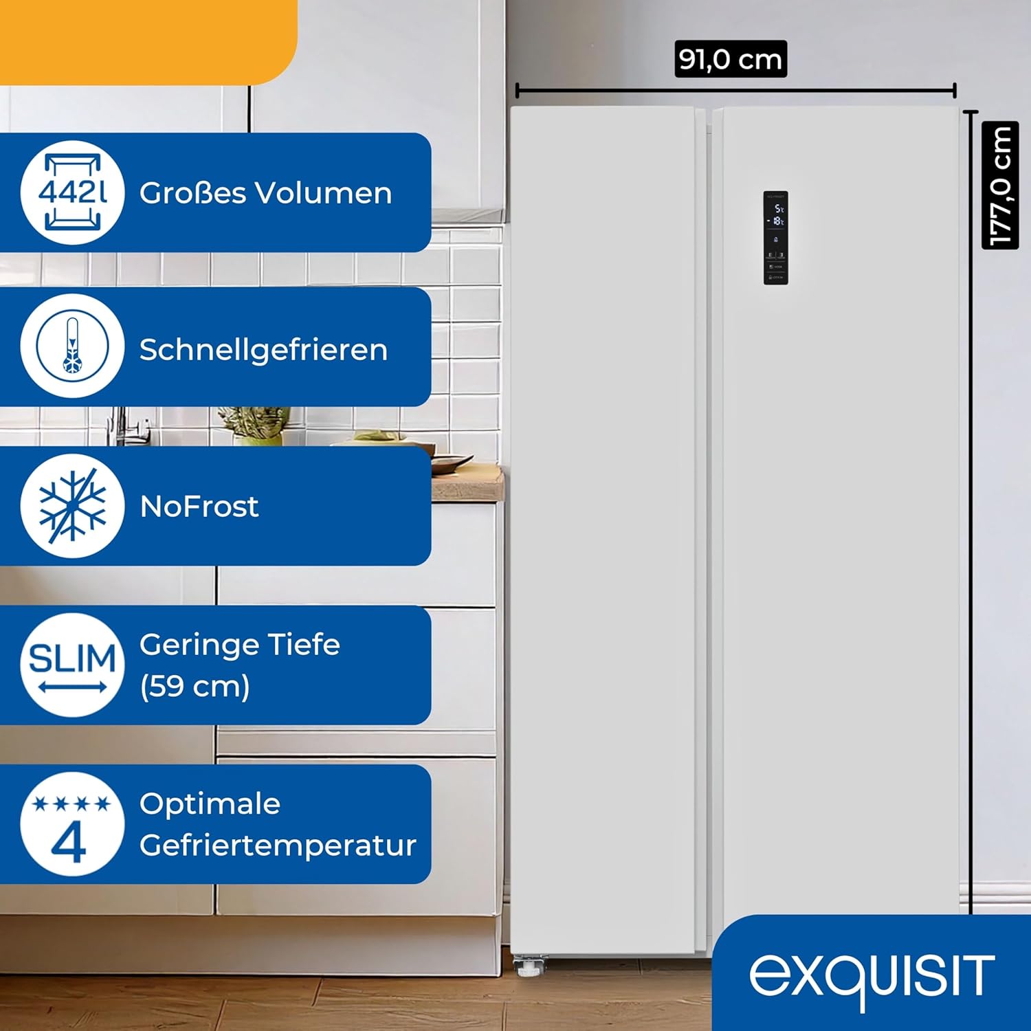 Exquisit Side-by-Side Kühl-Gefrierkombination, 442 Liter, No-Frost, LED-Display, 10 Ablagen, leiser Betrieb, 91 cm Breite, SBS546-040E weiss