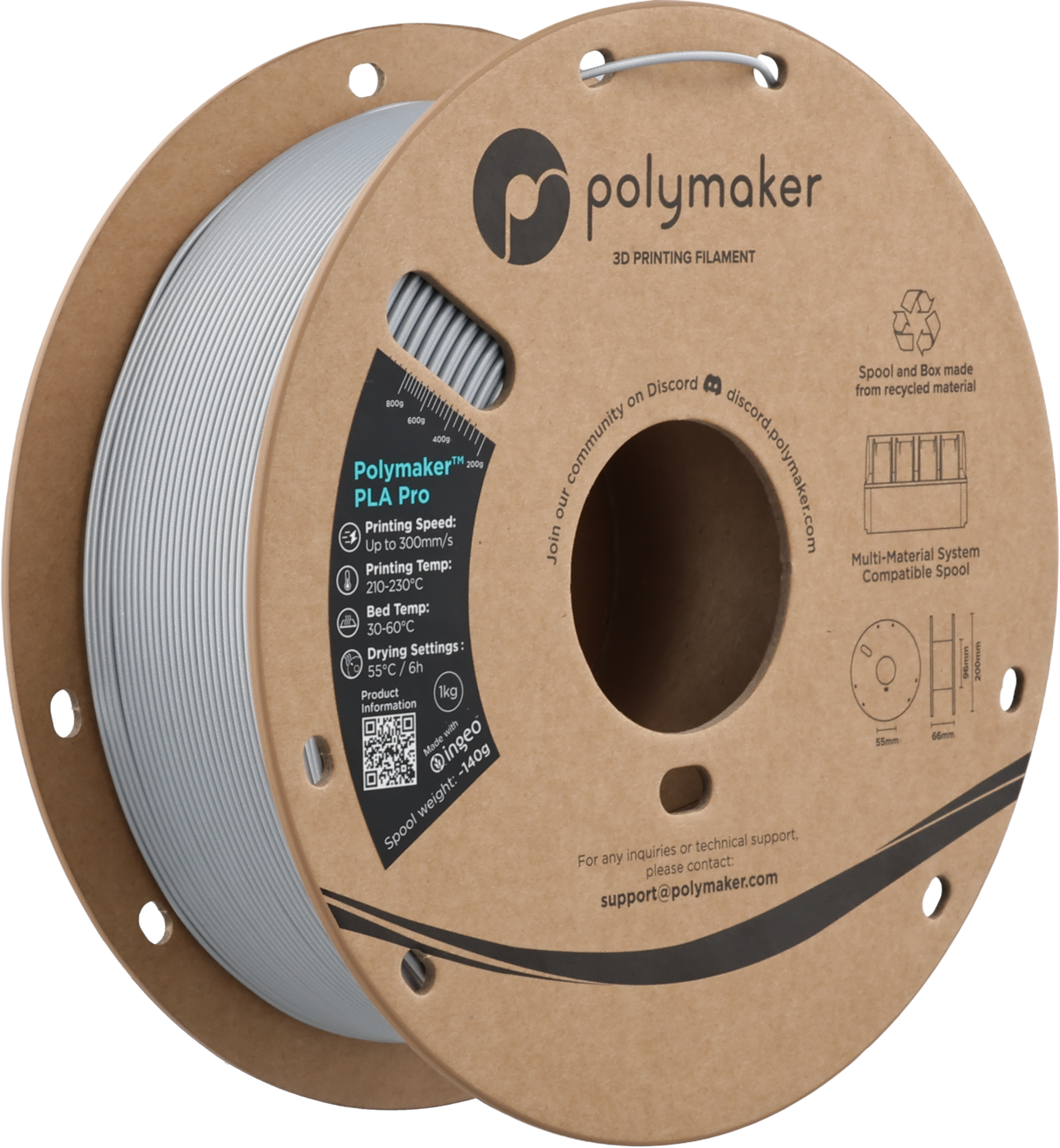 Polymaker  PLA Pro Metallic Silver, 1,75 mm / 1000 g    Neue, verbesserte Formulierung: Hochleistungs-High Speed-PLA in Metallic Silver