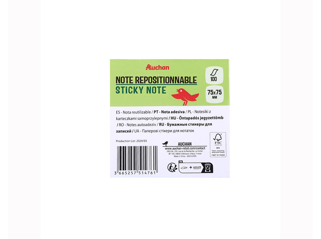 BLOCO NOTAS ADESIVAS AUCHAN 75X75MM