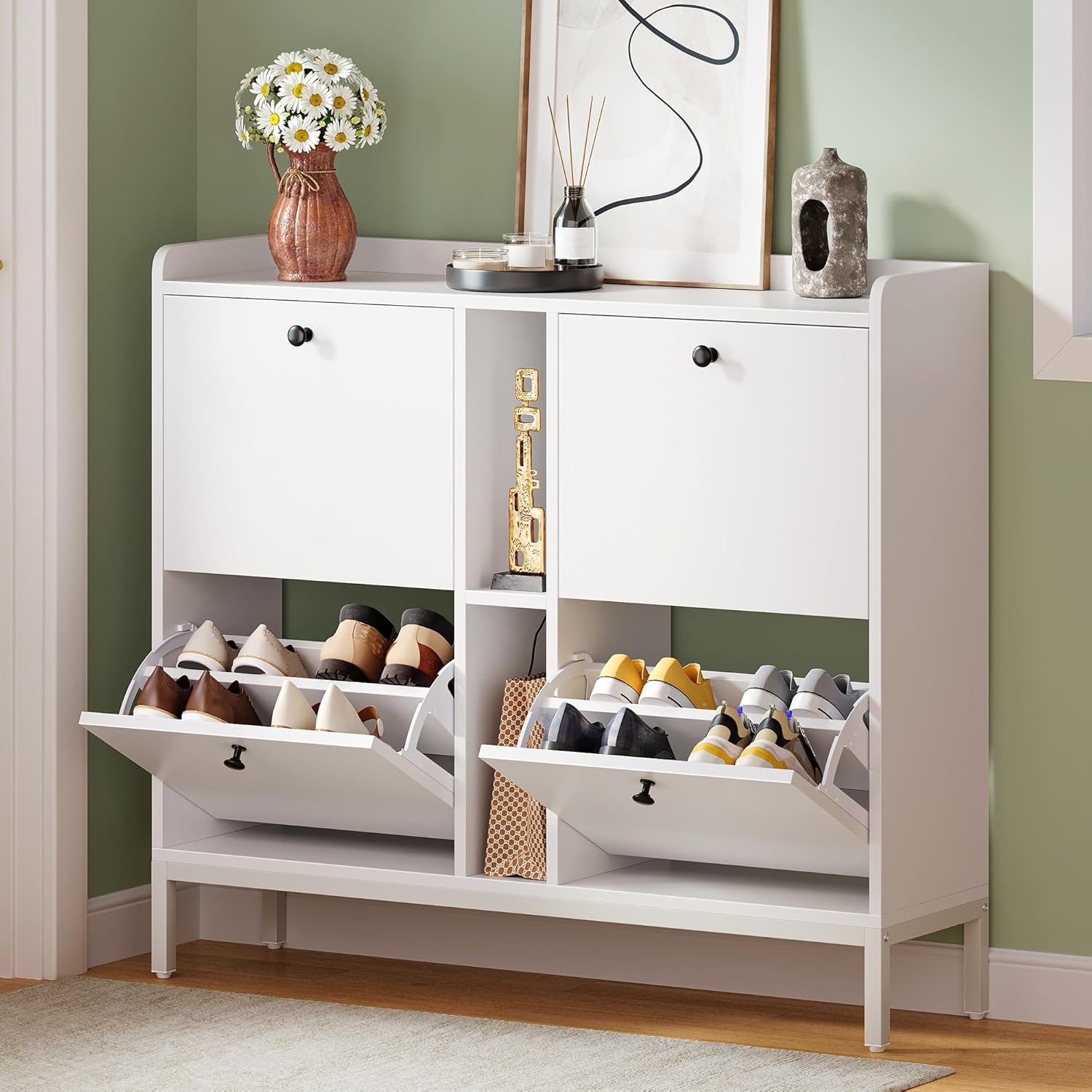 YITAHOME Schuhschrank Schmal mit 4 Klappen, 108 x 27.5 x 95.5 cm für 16 Paar Schuhe mit 2 Offene Regale, Schuhschrank Weiß, Schuhkipper, Schrank Flur Schuhkommode im Flur, Platzsparend