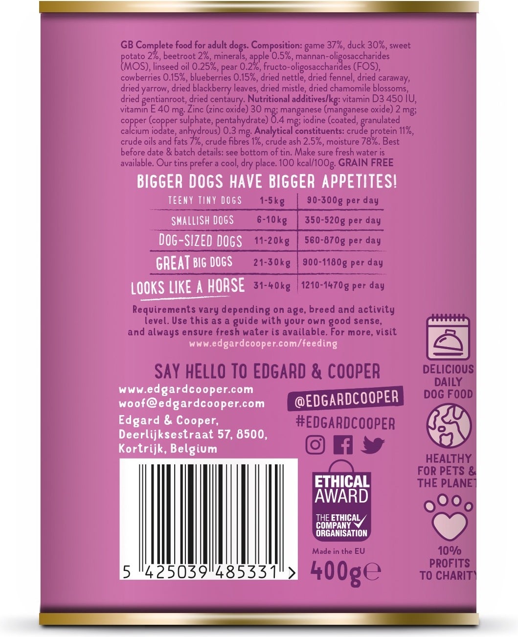Edgard & Cooper hondenvoer wild en eend adult 400 g