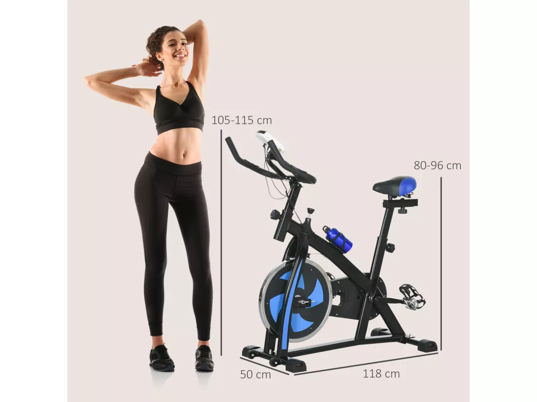 Vélo d'appartement cardio - vélo biking - écran LCD multifonction, selle, guidon réglable, volant inertie 8 Kg - acier bleu noir