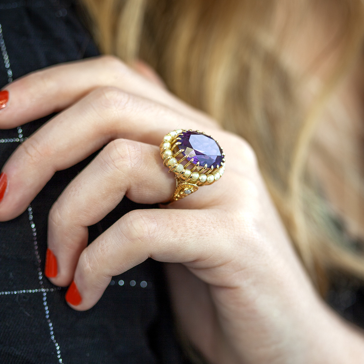 Bague d'occasion or 750 jaune perle de culture du japon corindon