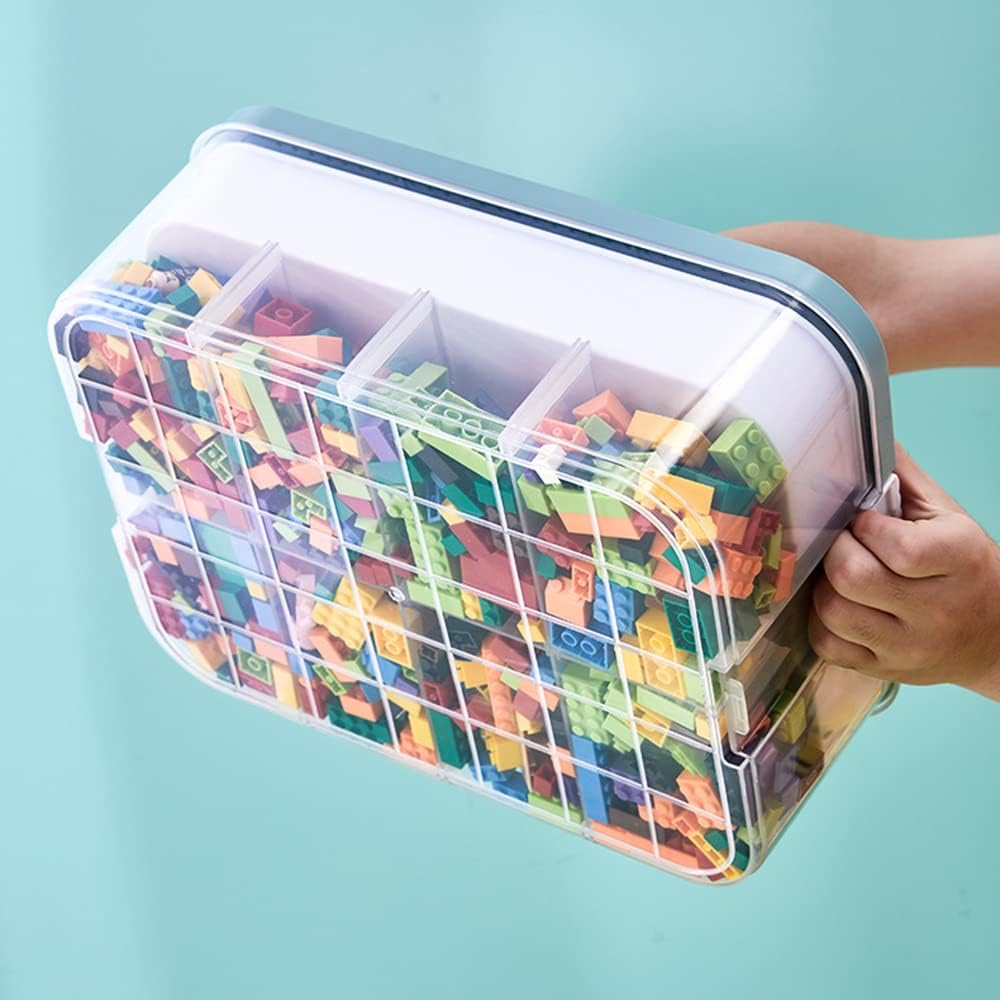 (300x225mm) Kinder Klemm Baustein Organizer Stapelbare Spielzeug Aufbewahrungs Box mit Deckel   Trennwände - Transparent / Blau