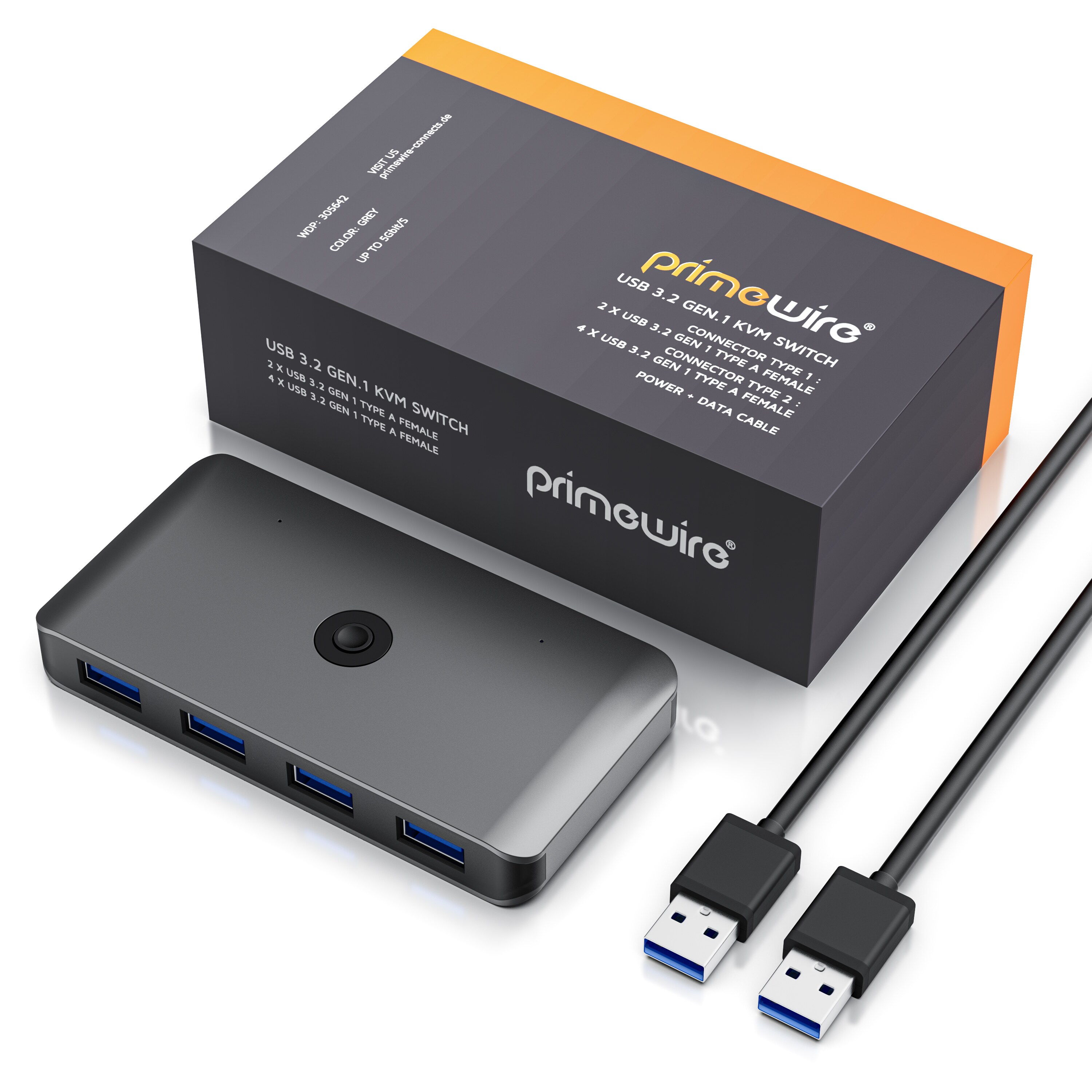 Primewire USB 3.2 Gen1 KVM Switch Umschalter - 4 Port Eingang - 2 Port Ausgang für 2 PCs - 5 Gbit/s - inkl. 2x USB Kabel - für Drucker Scanner