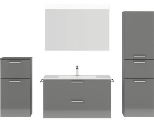 Badkamermeubelset NOBILIA Programma 2 BxHxD 210 x 169,1 x 48,7 cm, fronten hoogglans grijs, met wastafelmeubel wit en spiegel met ledverlichting, halfhoge kast, onderkast, greep mat chroom, 269