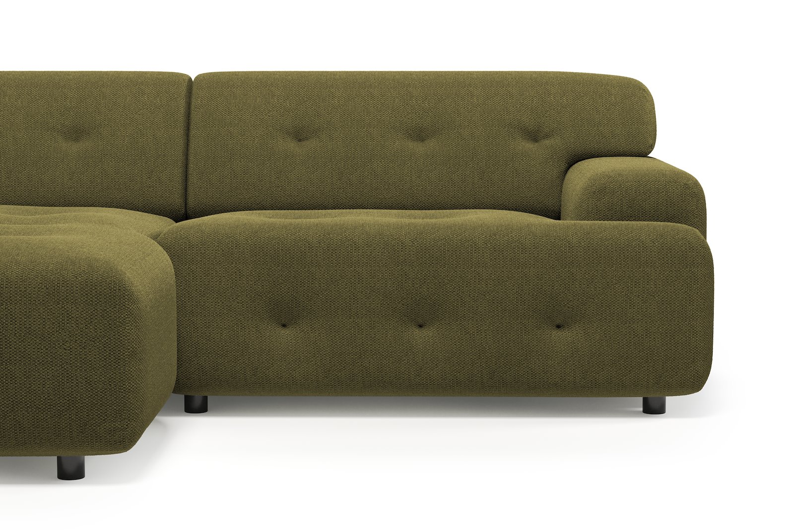 Bob sofa 1,5-seter med sjeselong venstre. Tekstil Mito 88 Moss Green med sorte ben.