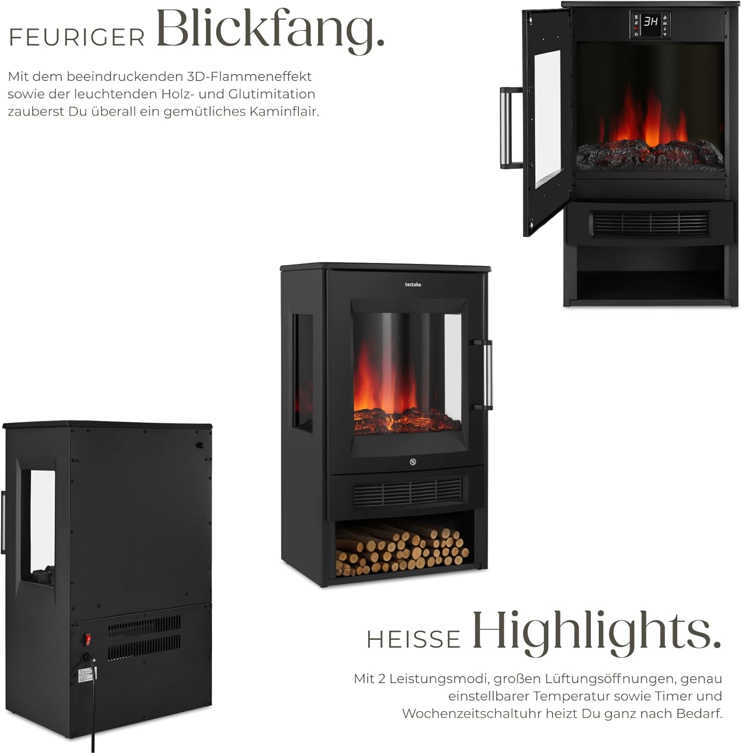 tectake® Elektrokamin mit 2 Heizstufen 900W/1800W, elektrischer Kamin mit 3D-Flammeneffekt Kaminfeuer in 8 Farben, Kamin mit Fernbedienung und Tuya-App-Steuerung, Timer, Elektro Kamin, schwarz